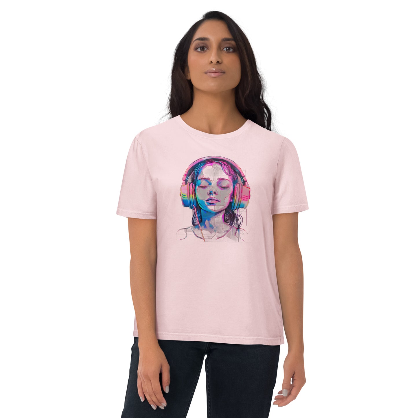 Stylish Organic T-Shirt with Music Lover Design - Young Girl with Headphones Immersed in Music