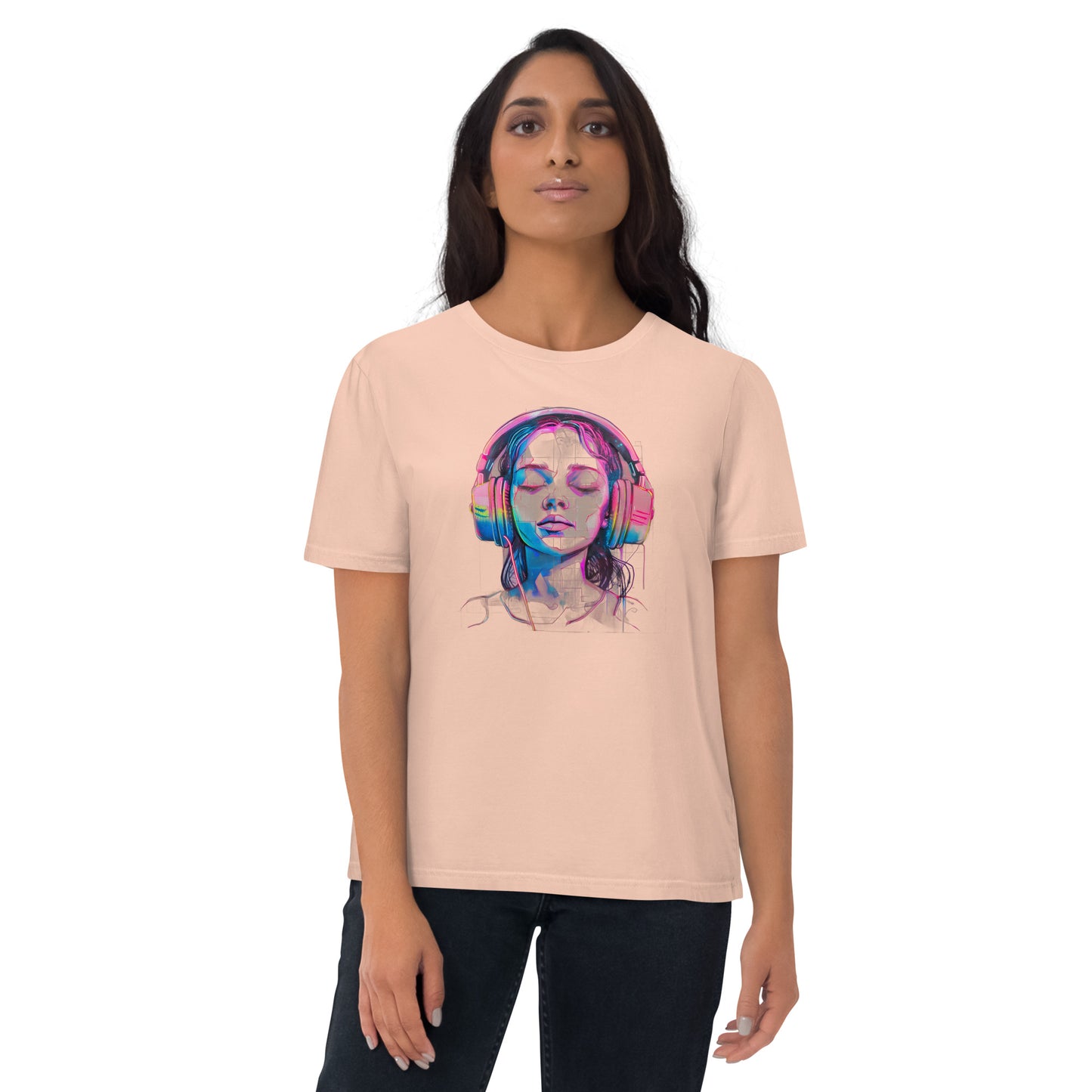 Stylish Organic T-Shirt with Music Lover Design - Young Girl with Headphones Immersed in Music