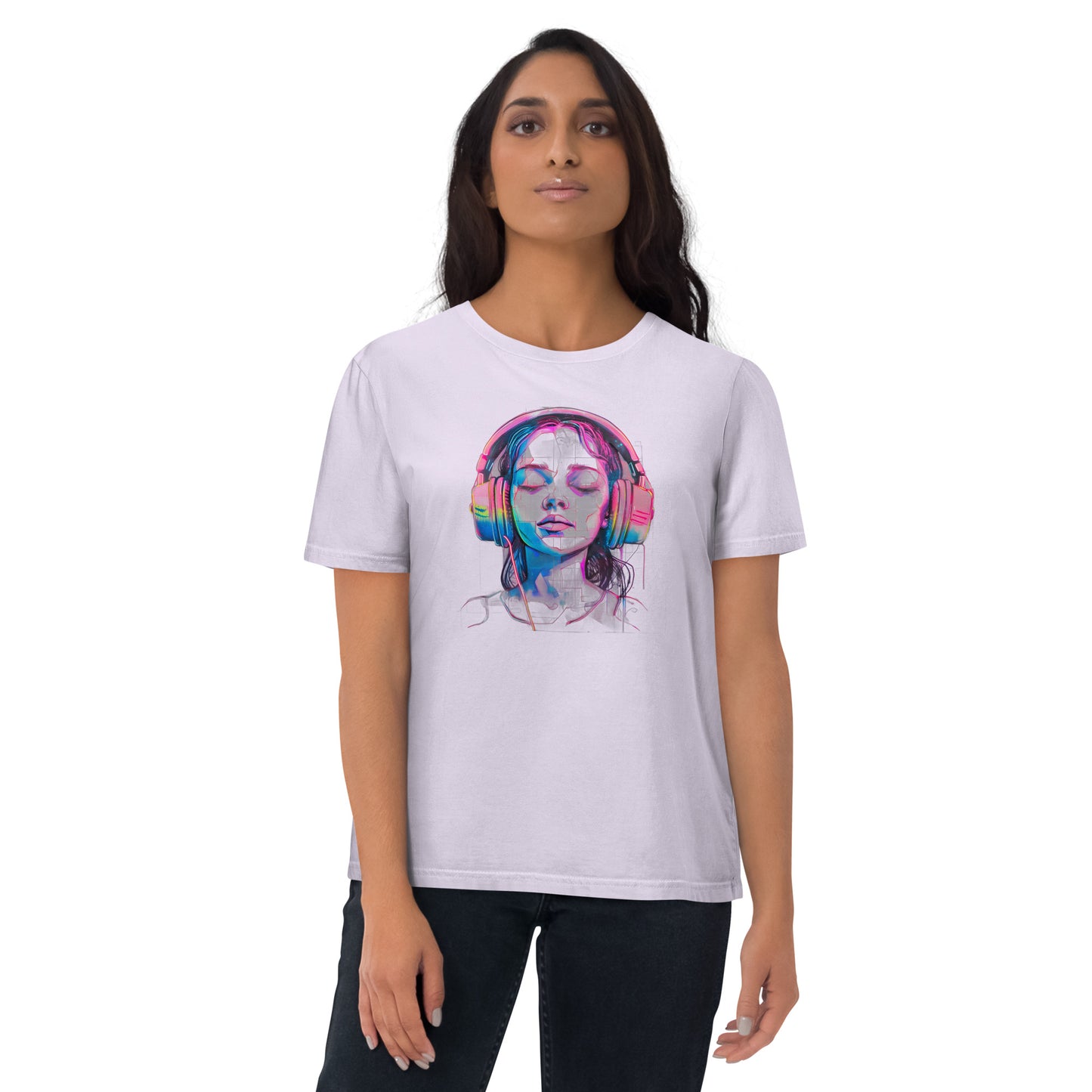 Stylish Organic T-Shirt with Music Lover Design - Young Girl with Headphones Immersed in Music