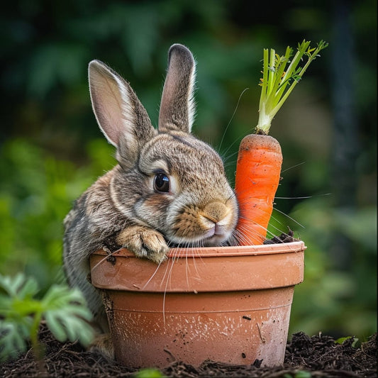 Cute Rabbit Behind Plant Pot with Carrot - High quality print.