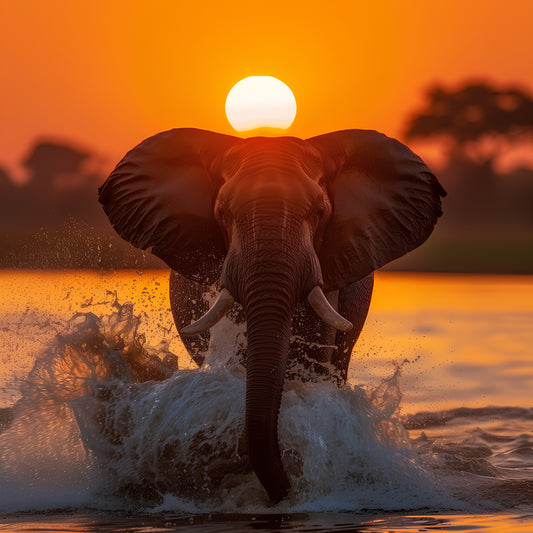 Majestic Elephant Emerging from Water at Sunset