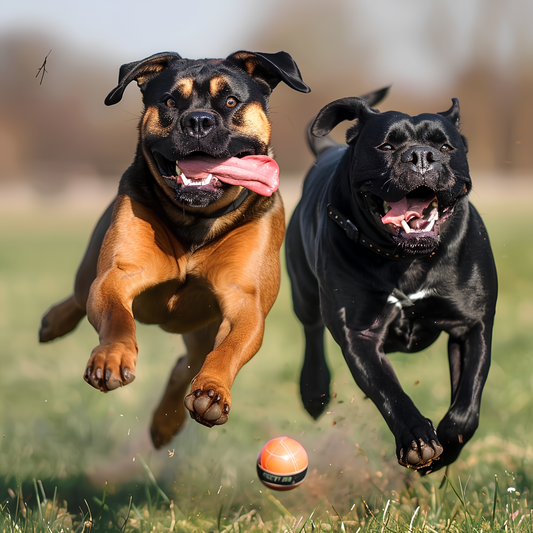 Playful Rottweiler & Staffordshire Bull Terrier Chasing Ball - Vibrant Art Print