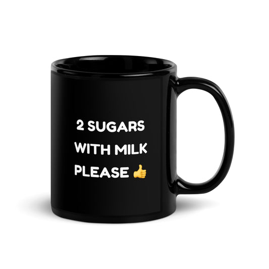 Handy Mug - Black mug with "2 sugars and milk please" instructions