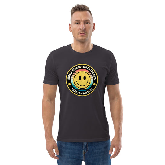 Cheeky Organic Cotton T-Shirt - "Music Was Better in the 90's" Smiley Face Graphic Tee - Paulton Collection