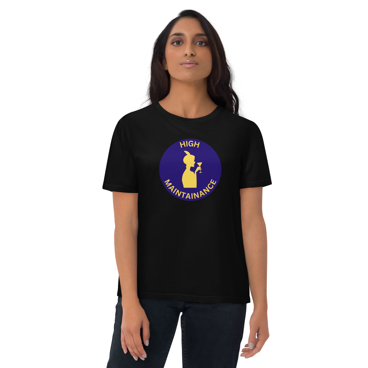 Funny T-Shirt - "High Maintenance" Silhouette Woman Drinking Wine - Eco-Friendly Humorous Graphic Tee