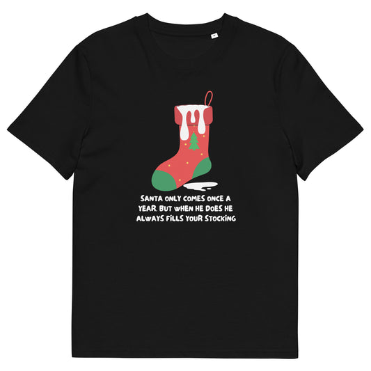 Funny Adult Christmas T-Shirt - "Santa Only Comes Once a Year" Naughty Innuendo Stocking Design