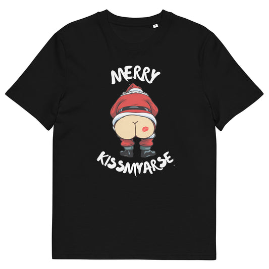 Funny Christmas T-Shirt - "Merry Kissmyarse" Santa Claus Design - Hilarious Holiday Humour Tee