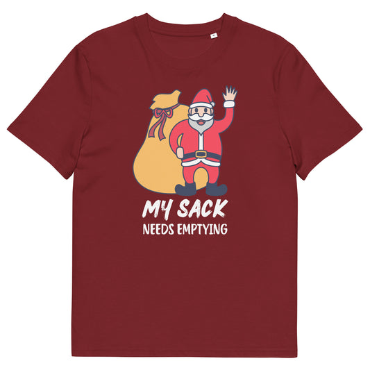 Funny Adult Christmas T-Shirt – "My Sack Needs Emptying" Santa Claus Innuendo Design – Naughty Xmas Humor Tee