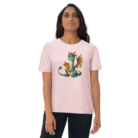 Organic Cotton T-Shirt with Adorable Baby Dragon and Mother Dragon