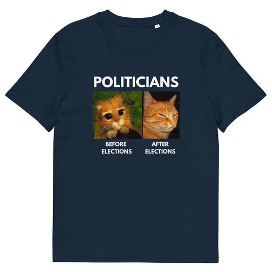 Funny Organic Cotton Political Satire T-Shirt – Two Cats Sum Up Elections Perfectly – Comfy & Eco-Friendly Tee