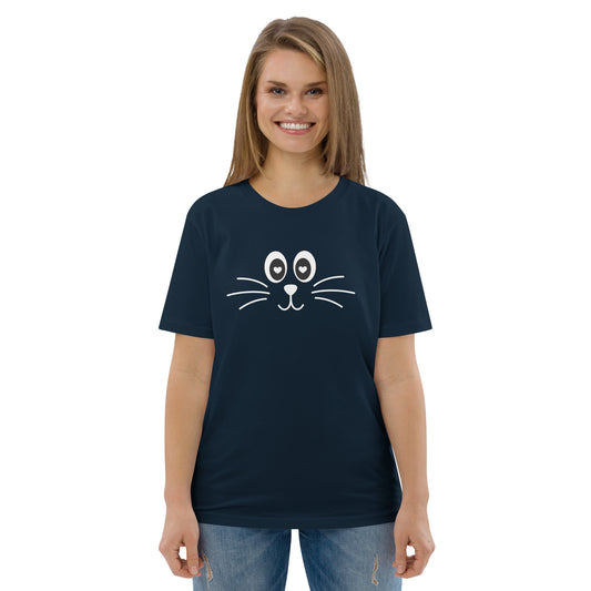 Cute Cat Silhouette Organic T-Shirt with Love Hearts Eyes - Perfect for Cat Lovers