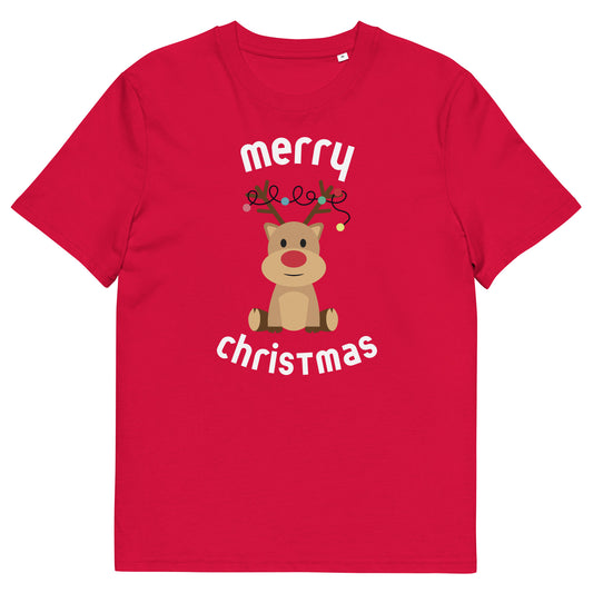 Cute Reindeer "Merry Christmas" Organic Cotton T-Shirt – Perfect for Holiday Gatherings