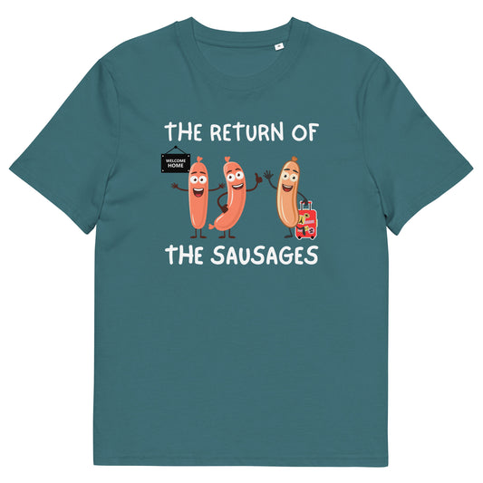 Funny Keir Starmer "Return of the Sausages" T-Shirt - Political Gaffe Humor with Waving Sausages and Welcome Home Sign (White Text)