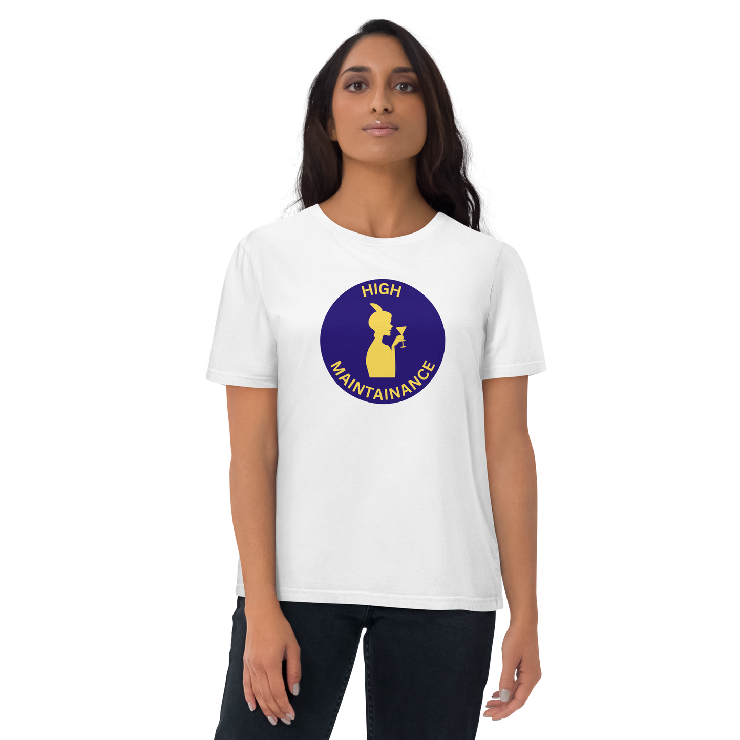 Funny T-Shirt - "High Maintenance" Silhouette Woman Drinking Wine - Eco-Friendly Humorous Graphic Tee