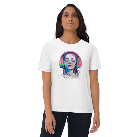 Stylish Organic T-Shirt with Music Lover Design - Young Girl with Headphones Immersed in Music