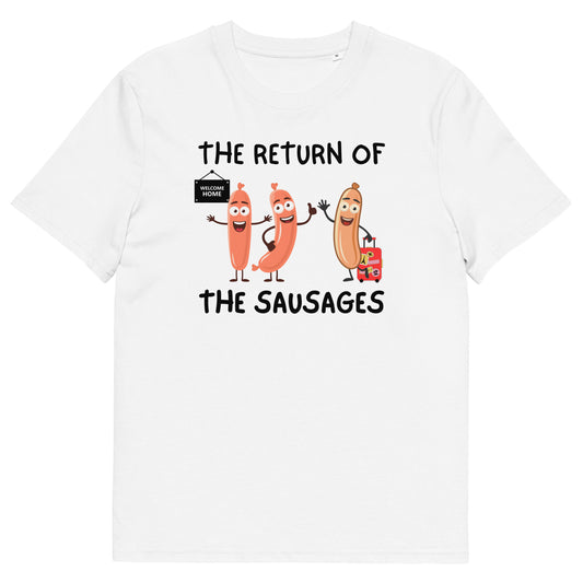 Funny Keir Starmer "Return of the Sausages" T-Shirt - Political Gaffe Humor with Waving Sausages and Welcome Home Sign