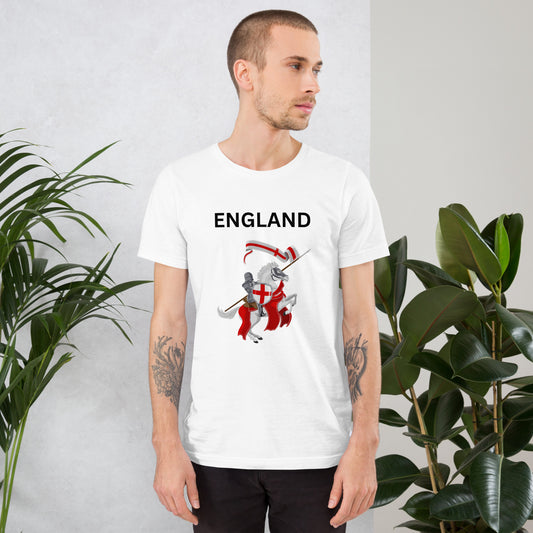 Patriotic England T-Shirt with Knight on Horse - Bold "ENGLAND" Graphic Tee.