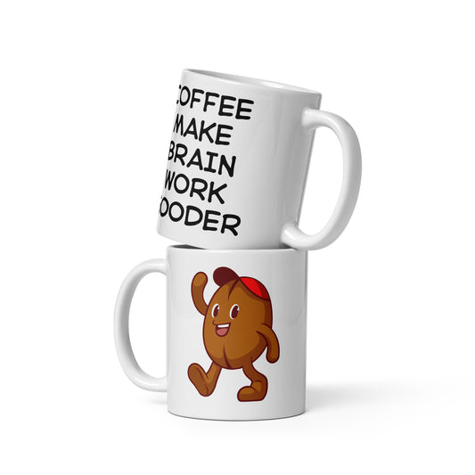 Coffee Bean Character Mug - 'Coffee Make Brain Work Gooder' White Ceramic Mug - Funny Coffee Lover Gift